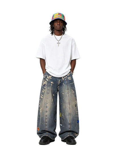 Vintage Graffiti Print Wide Leg Denim Pants New