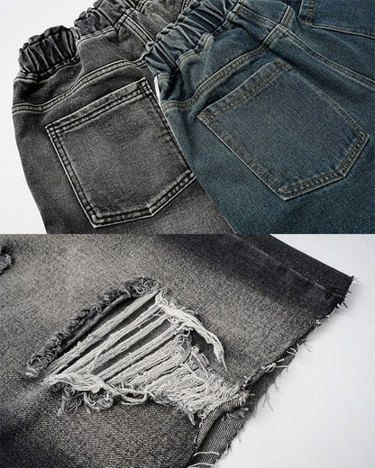 Grunge Drawstring Pocket Distressed Wide Denim Shorts