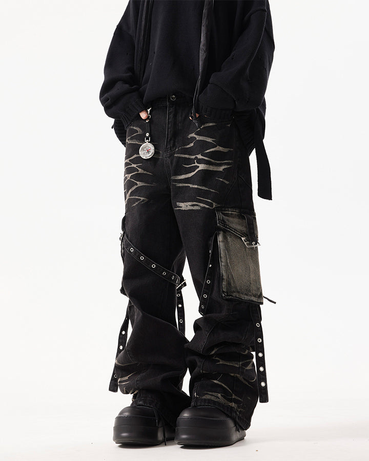 KIIKIO Gothic Strappy Cargo Wide Denim Pants