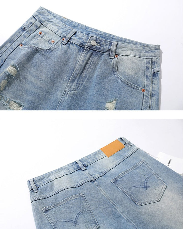 KIIKIO Vintage Light-Wash Distressed Wide Denim Shorts
