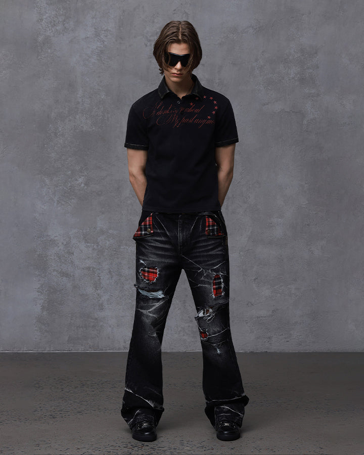 KIIKIO Vintage Plaid Patch Distressed Flared Jeans