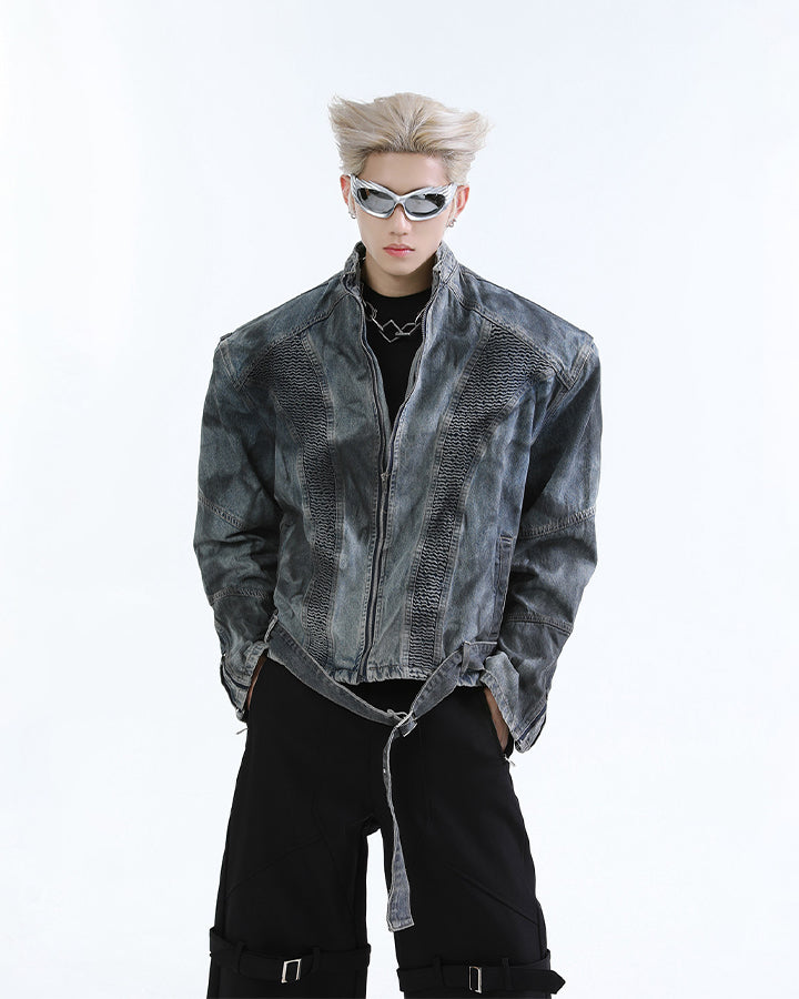 New Red Gothic Washed Belted Cropped Biker Jacket