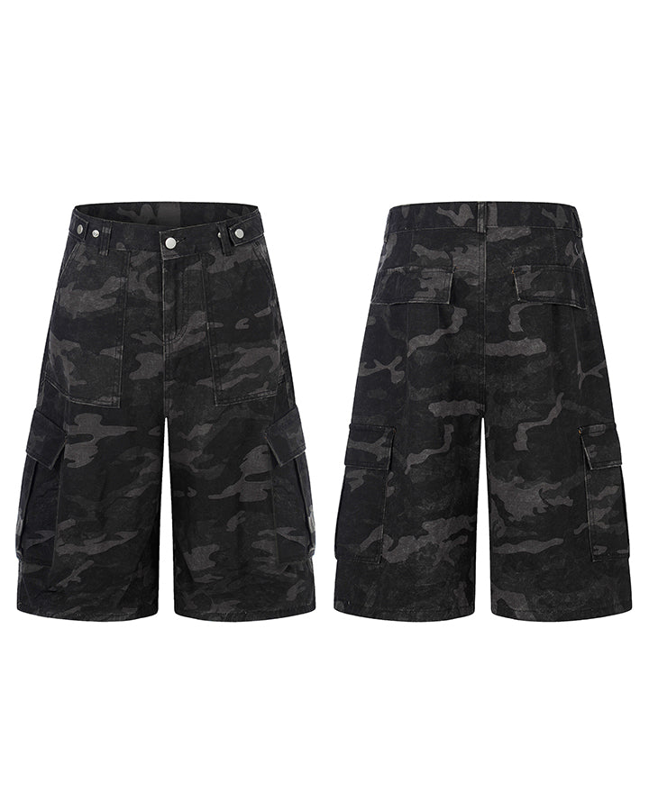 KIIKIO Utility Camo Cargo Pocket Wide Denim Shorts