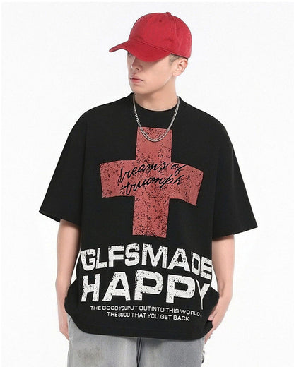 New Gothic Cross Graphic  Black Streetwear T-Shirt