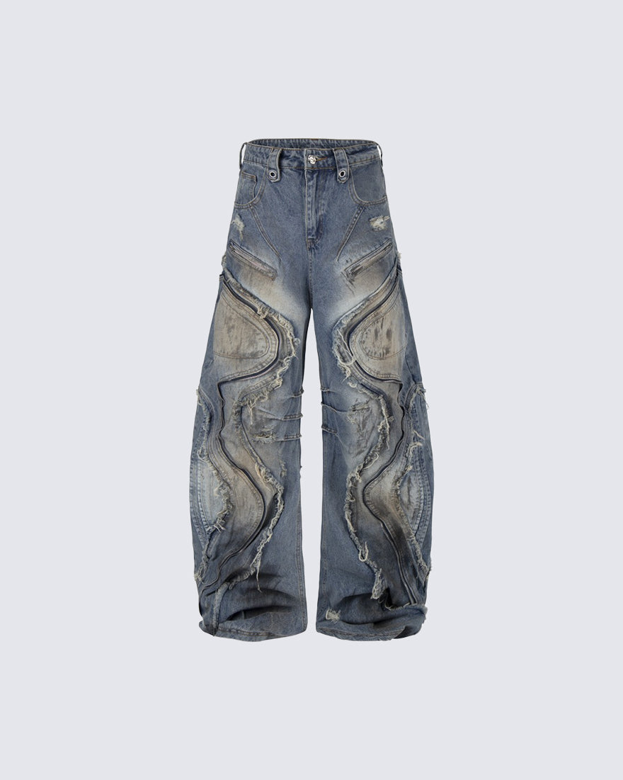 Dark Wavy Zipper Deconstructed Wide Denim Pants New