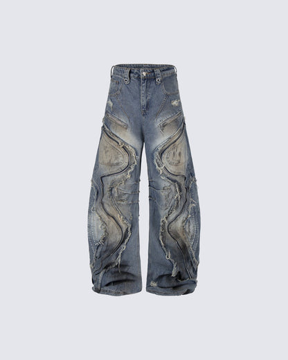 Dark Wavy Zipper Deconstructed Wide Denim Pants New