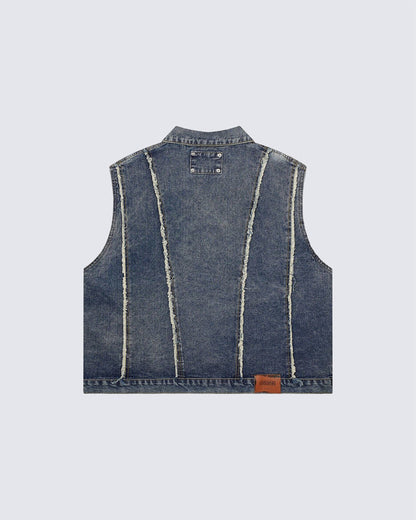 Dark Washed Button Pocket Sleeveless New Denim Vest