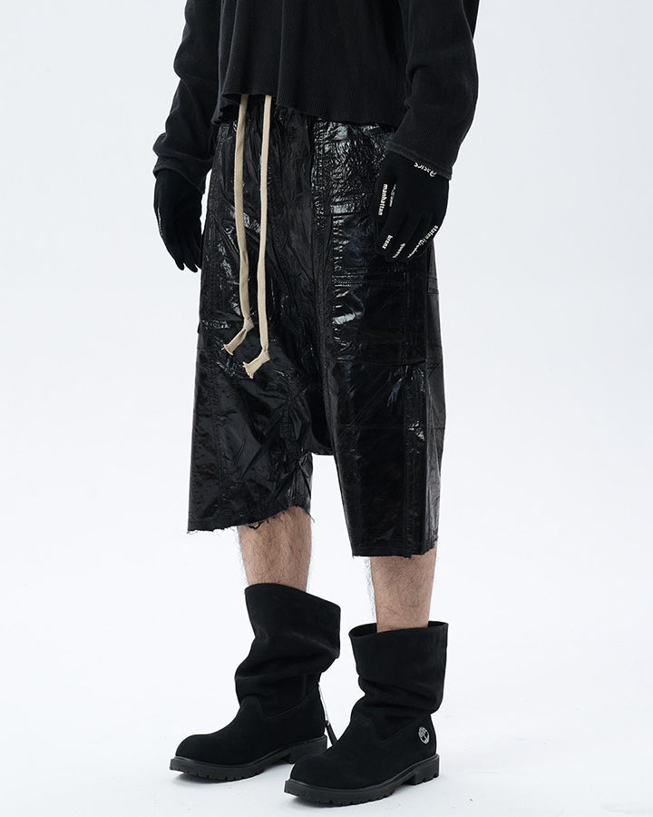New Glossy Coated Gothic Cargo Denim Shorts
