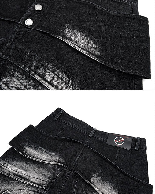 New Deconstructed Washed Layered Wave Denim Shorts