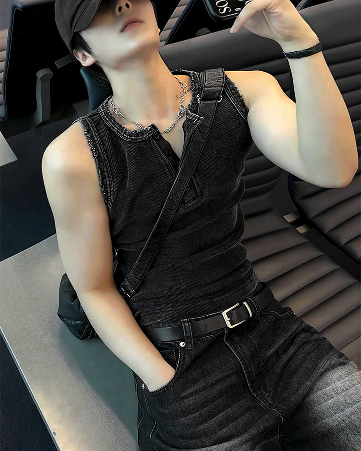 KIIKIO Vintage Washed Henley Neck Slim Fit Ribbed Tank Top