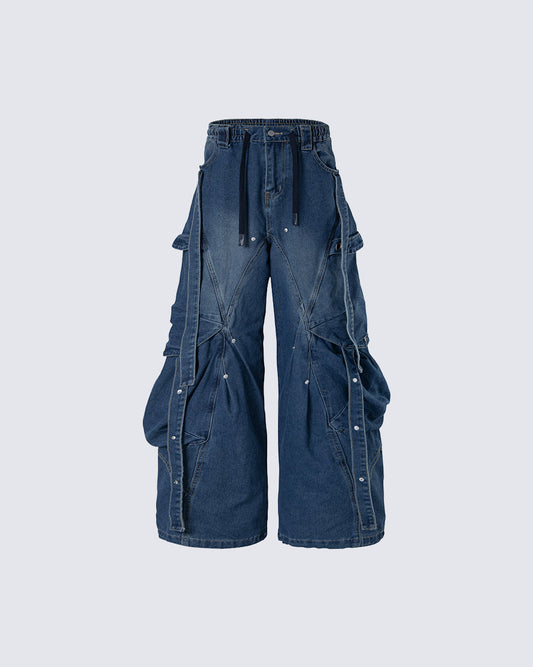 New Dark Washed Utility Strap Wide Leg Jeans