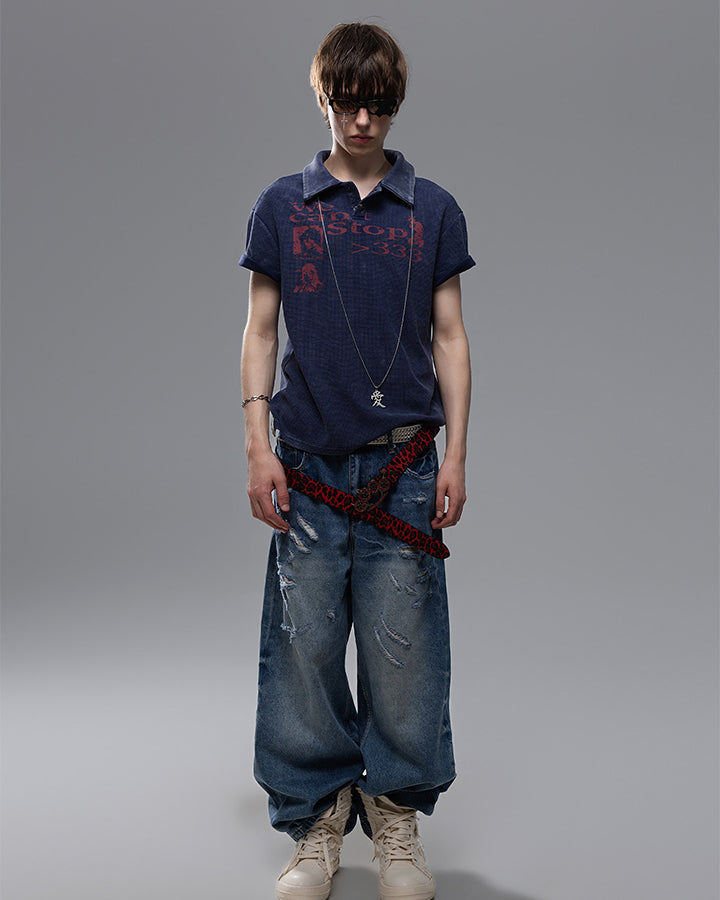 High Street Graphic Textured Washed New Polo T-Shirt
