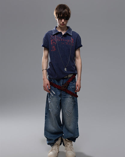 High Street Graphic Textured Washed New Polo T-Shirt