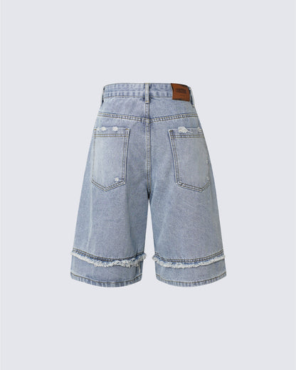 KIIKIO Vintage Raw-Edge Straight Denim Shorts