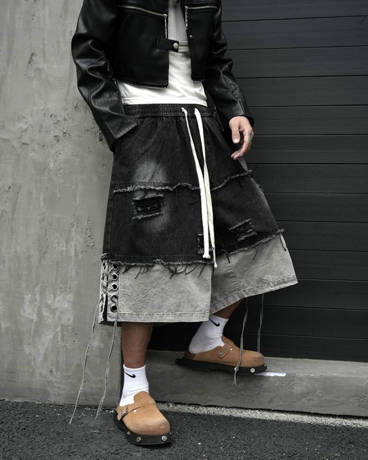 KIIKIO High-Street Wasteland-Style Hip-Hop Color-Block Cropped Pants