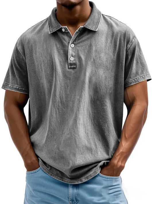 Men's Solid Color Vintage Washed Cotton Polo Shirt