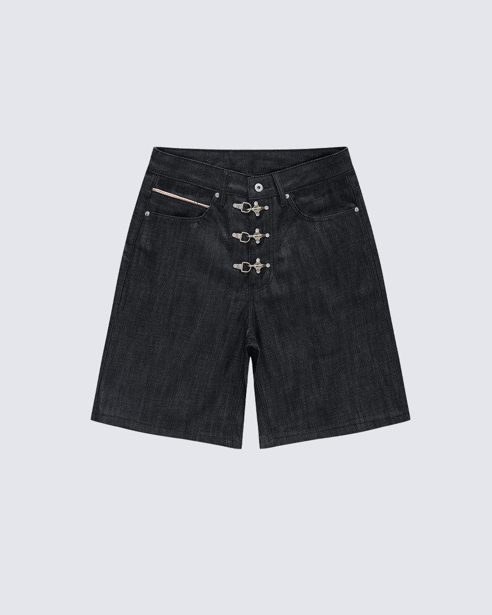 KIIKIO Punk Metal Buckle Raw Black Denim Shorts