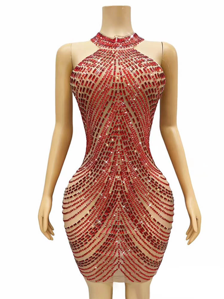 Sexy Sparkly Rhinestone Halter Neck Short Dress