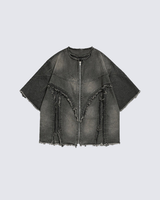 American Retro Tie-Dye Washed Short Denim Shirt