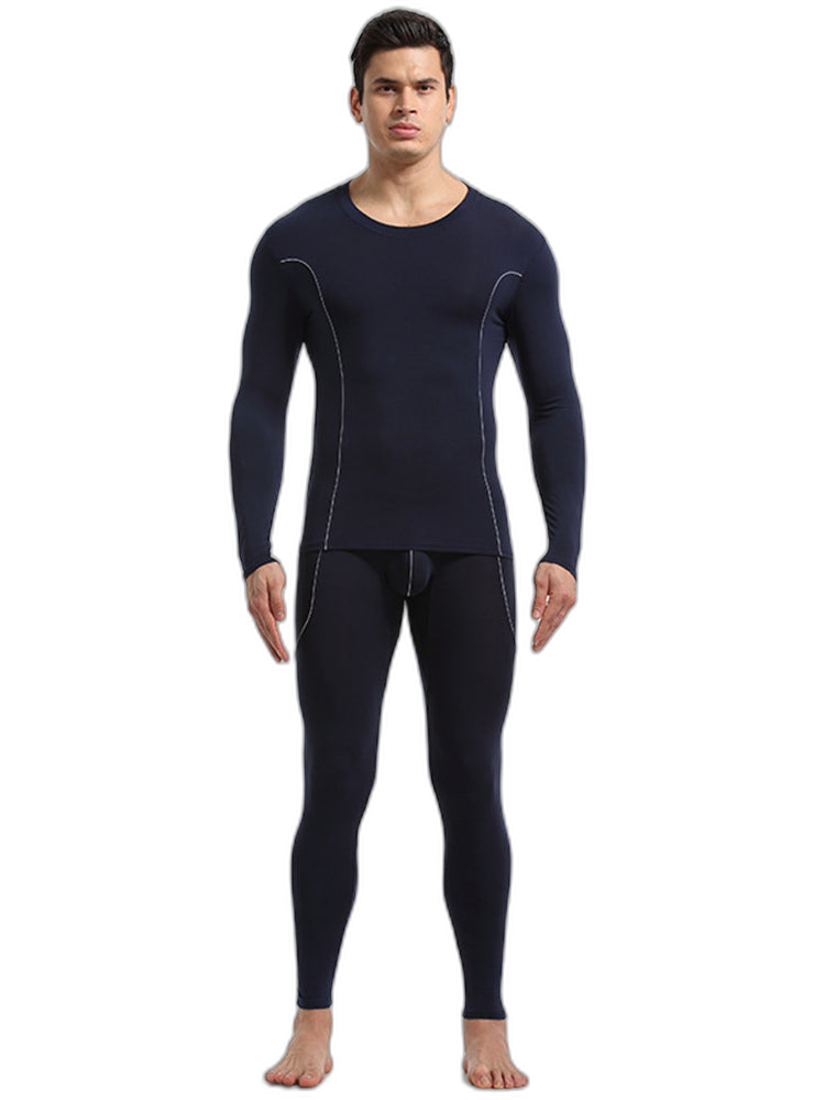 Men's Round Neck Solid Color Bamboo Fiber Thermal Underwear Set