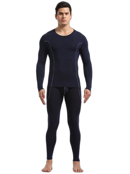 Men's Round Neck Solid Color Bamboo Fiber Thermal Underwear Set