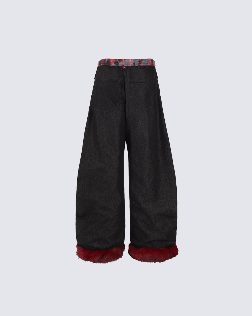 American Retro Plaid Patchwork Denim Pants