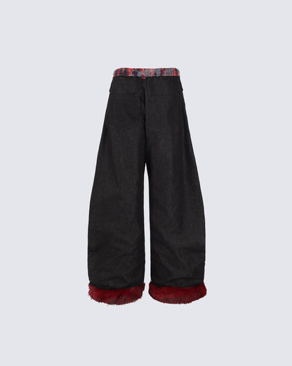 American Retro Plaid Patchwork Denim Pants