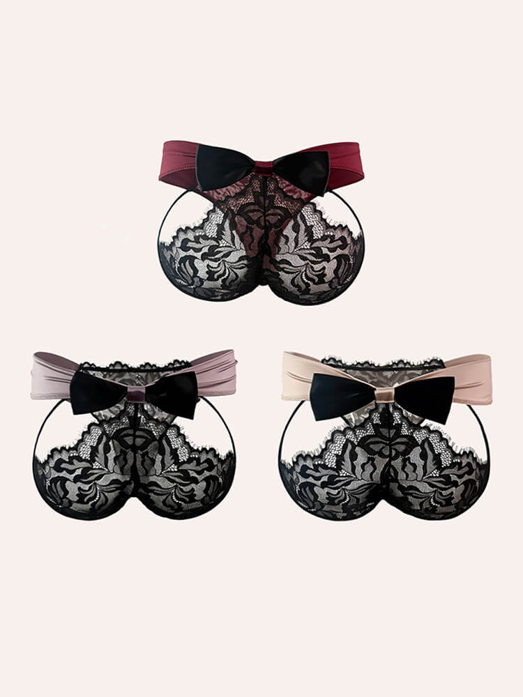 Men's Sexy Black Lace Satin Ribbon Bow Sheer Briefs