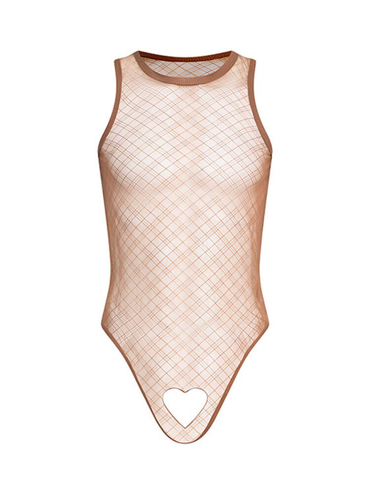 Men's Sexy Checkered Mesh Cutout Heart Tank Top