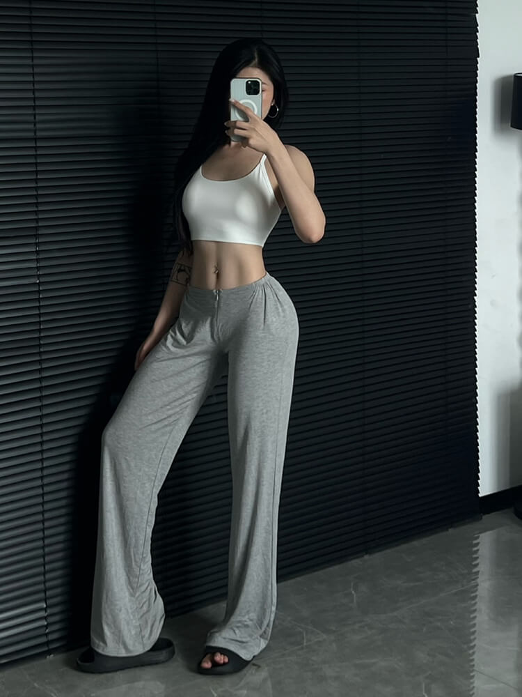 Solid Color Zipper Yoga Sports Straight Leg Pants