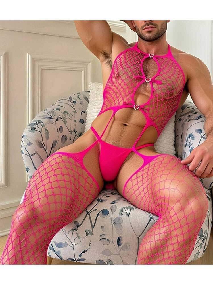 Men's Sexy Bow See-Through Stockings Bodysuit