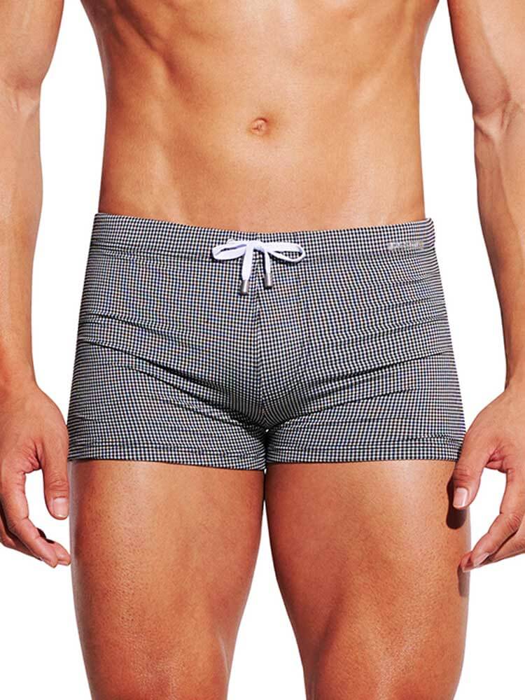 Men's Plaid Print Drawstring Quick-Dry Swim Trunks