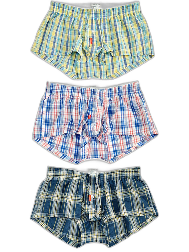 3 Pack Men’s Plaid Cotton Trunks with Button Fly