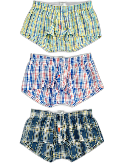 3 Pack Men’s Plaid Cotton Trunks with Button Fly