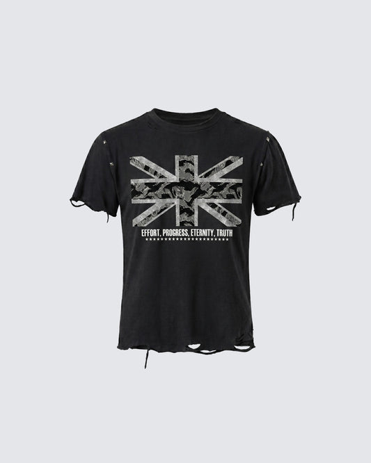 KIIKIO-New Y2K Distressed Union Graphic Washed Black T-Shirt
