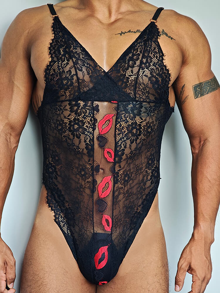Men's Sexy Sheer Lace Trim Camisole Bodysuit