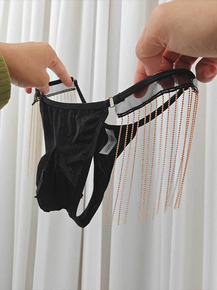 Men's Black Low-Rise Sexy Tassel Thong