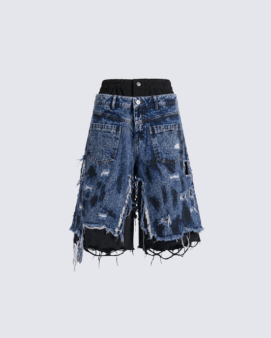 New Dirty-Washed Distressed Men’s Denim Mid Shorts