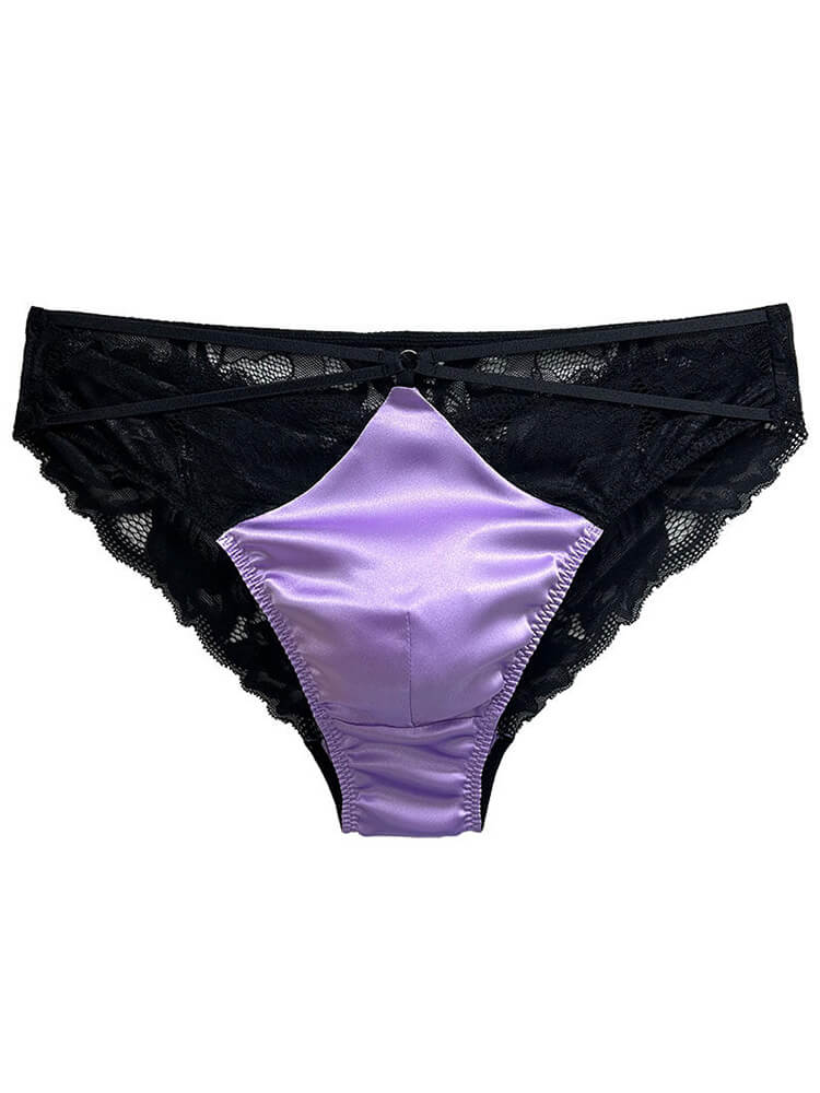 Men's Sexy Cross-Strap Transparent Lace Silk Briefs