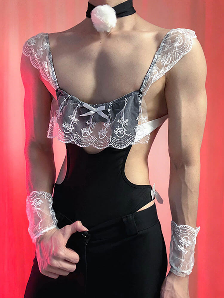 Men's Sexy Low-Cut Lace Maid-Style Bodysuit