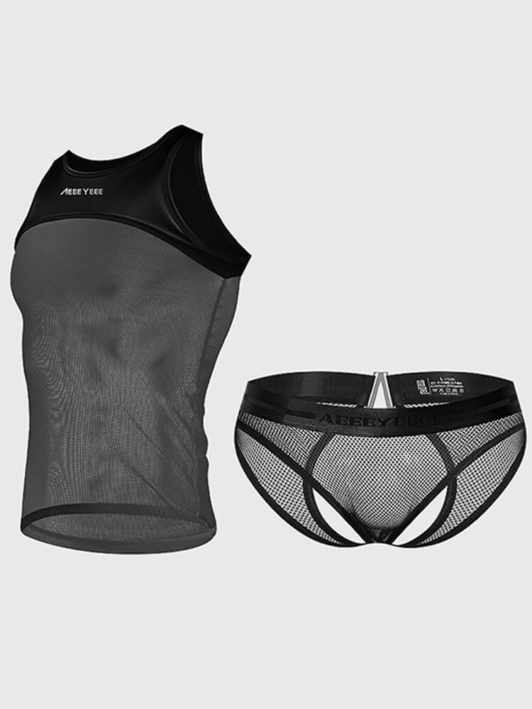 Men's Sexy Sheer Mesh Tank Top and Cutout Briefs