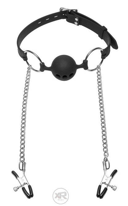 Hinder Breathable Silicone Ball Gag with Nipple Clamps
