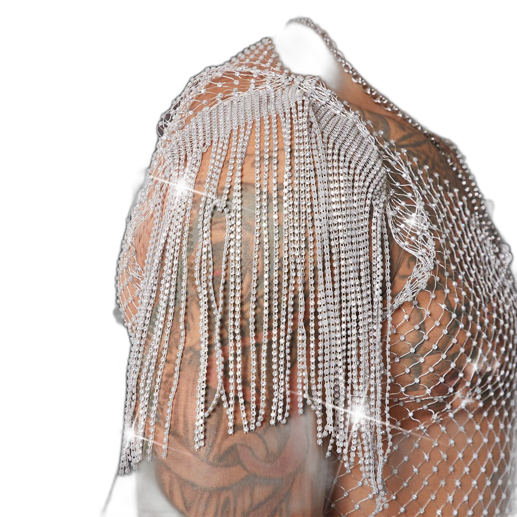 Rhinestone Fringe Mesh Top