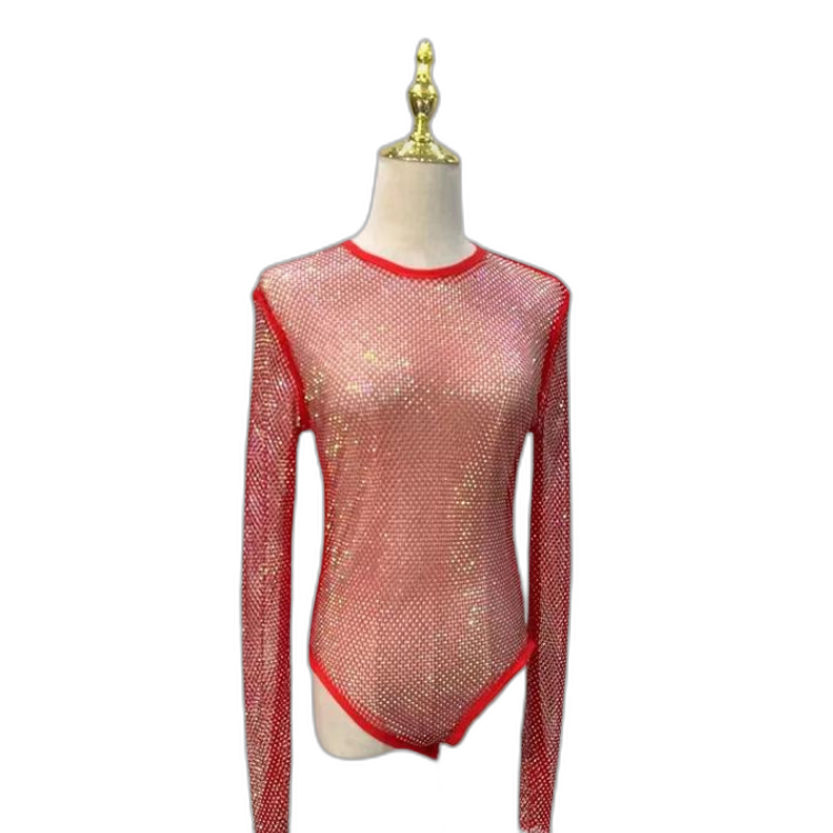 Women's Rhinestone Fishnet See-Through Sexy Bodysuit