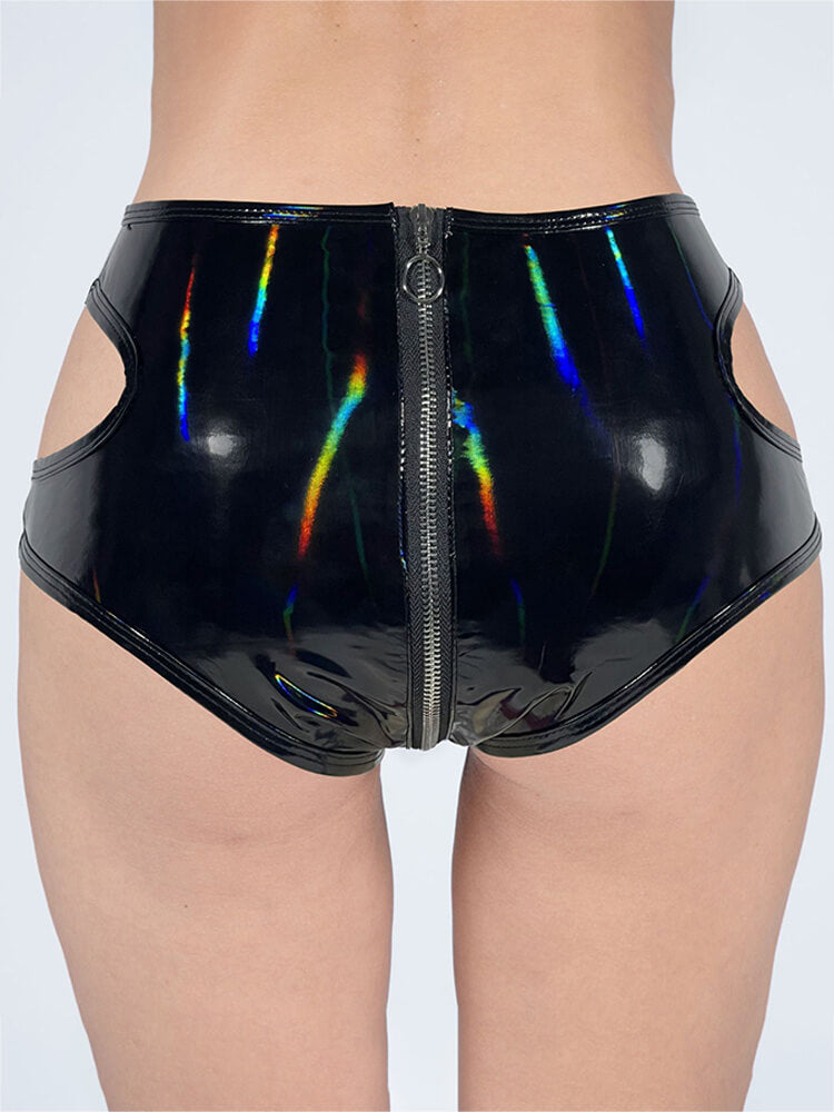 Sexy Side Cutout Patent Leather Zip Crotch Shorts