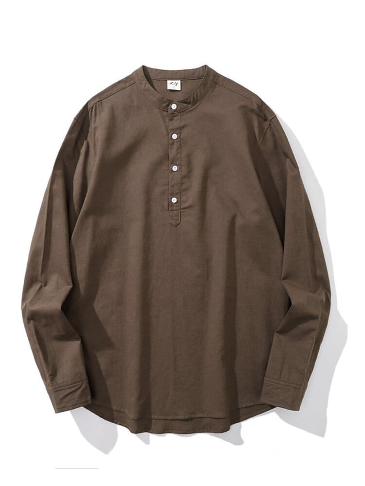Men's Crew Neck Cotton-Linen Long-Sleeve Shirt