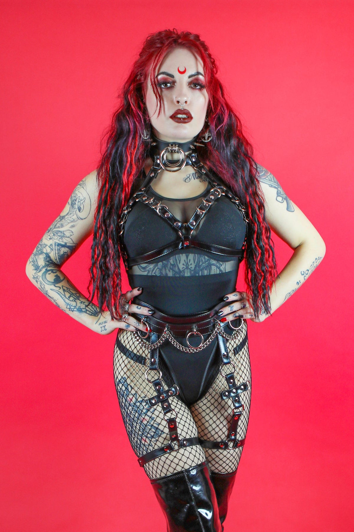 Black Faux Leather D Ring Harness Bra