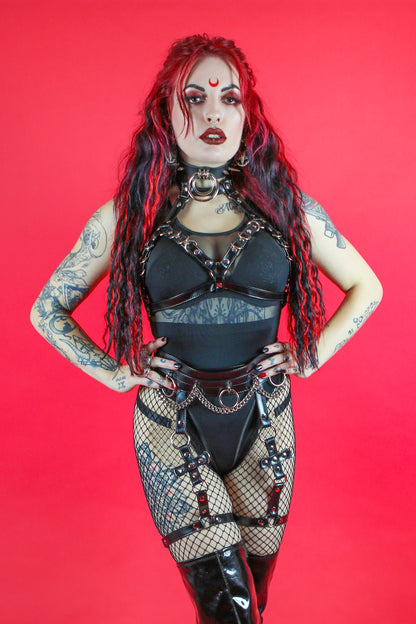 Black Faux Leather D Ring Harness Bra