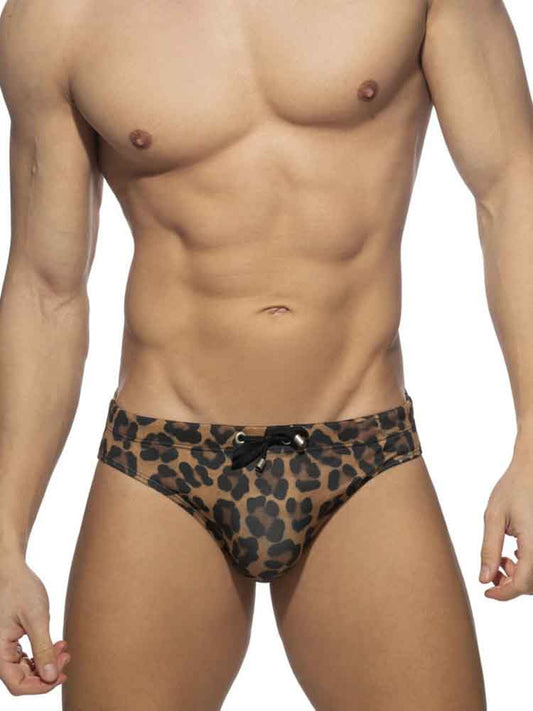 Men's Drawstring Leopard Print Low Rise Swim Briefs