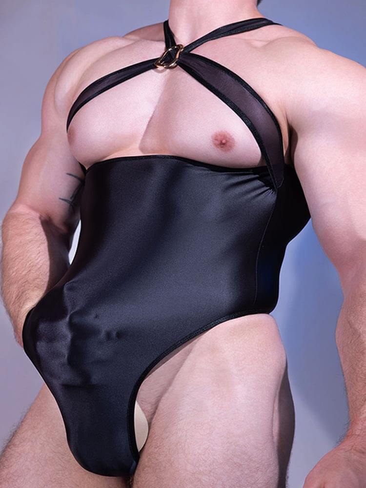 Men's Sexy Glossy Stretch Cross Nylon Bodysuit